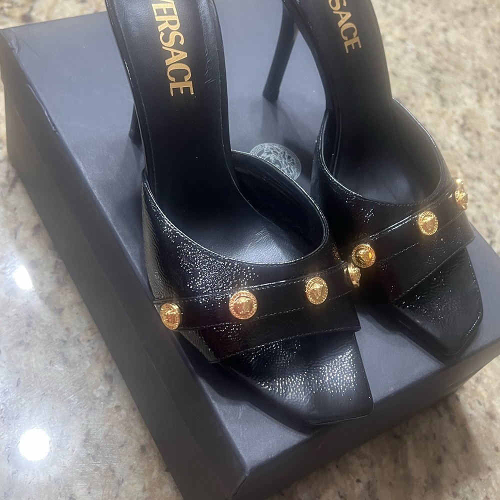Versace Women's Heels in Black with Gold Details